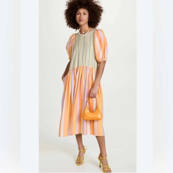 Stine Goya Dress Womens Sz XS Amelia Striped Midi Puff‎ Sleeve Festival Gypsy